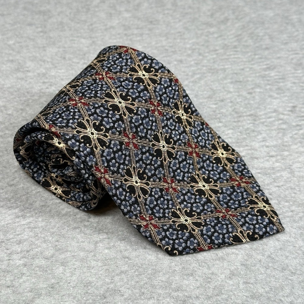 Vintage Anthony Richards Silk Tie Blue Floral Geometric Pattern Made In USA